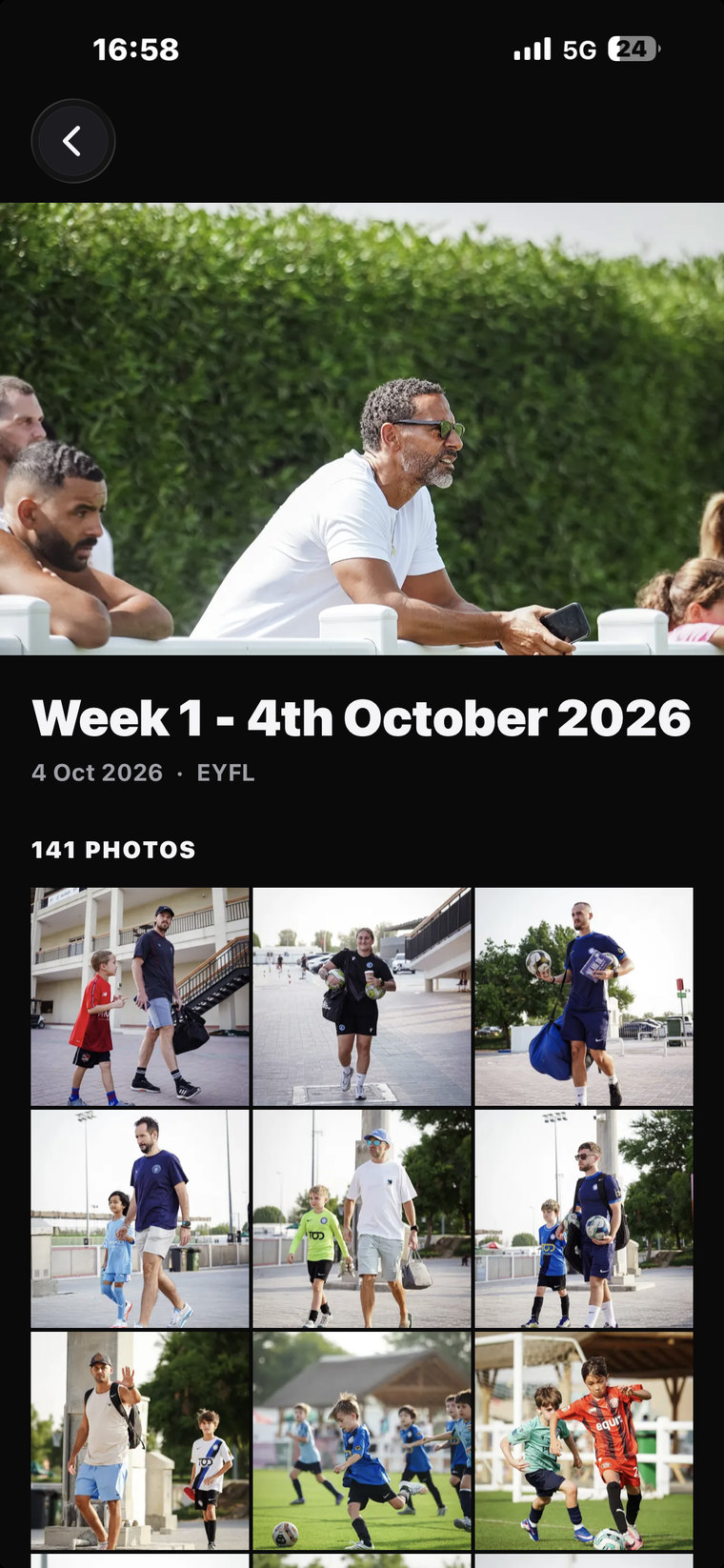The YFL App Gallery showing the Week 1 album: 141 match-day photos in a grid